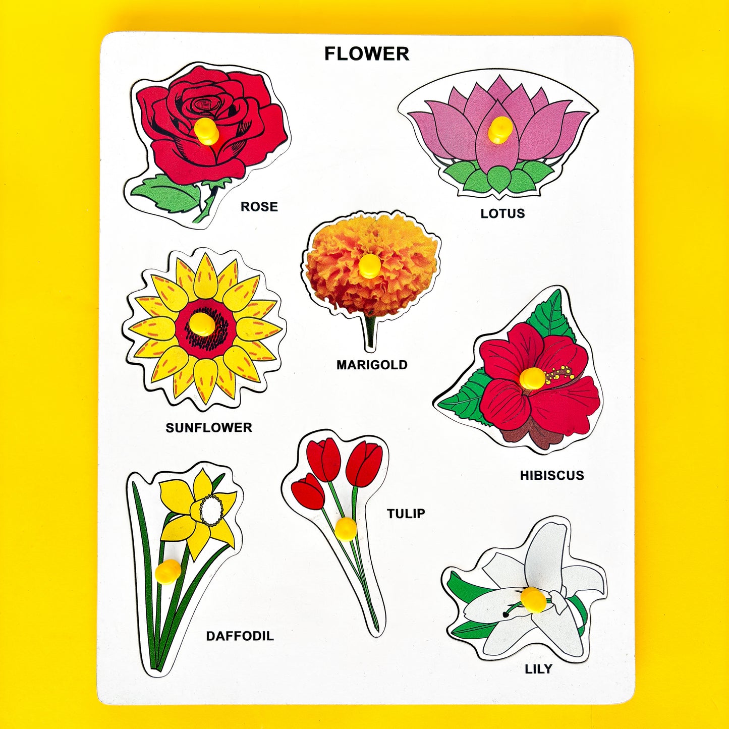 Wooden puzzle of different types of flowers on a yellow background. The puzzle pieces depict roses, lotuses, marigolds, sunflowers, hibiscuses, tulips, daffodils, and lilies. This educational toy helps young children learn about and identify flowers.