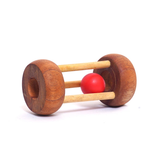  Wooden toy with a red ball inside on a white background. This gripping toy is designed for infants and helps develop motor skills and hand-eye coordination.