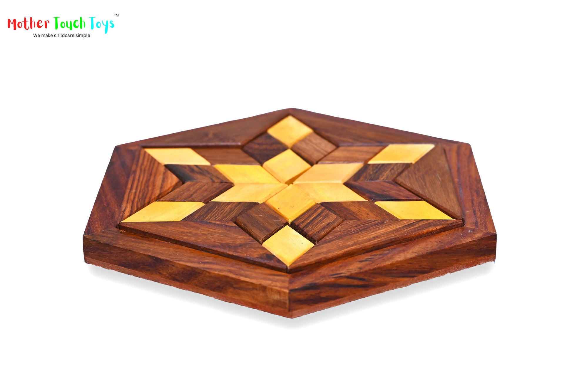 Wooden Jigsaw puzzle toy with colorful geometric shapes including a circle, triangle, square, rectangle, star, and pentagon on a white background. This Puzzle helps them in building logical thinking and problem solving skills.