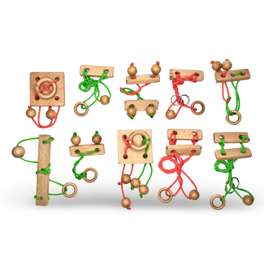 Mother Touch Toys Wooden String Puzzle Set (10 Pcs) with 20 Origami Challenges & 1 Mystery Puzzle | Brain Teaser for Kids & Adults | IQ Logic Games, Cognitive Skill Builder.