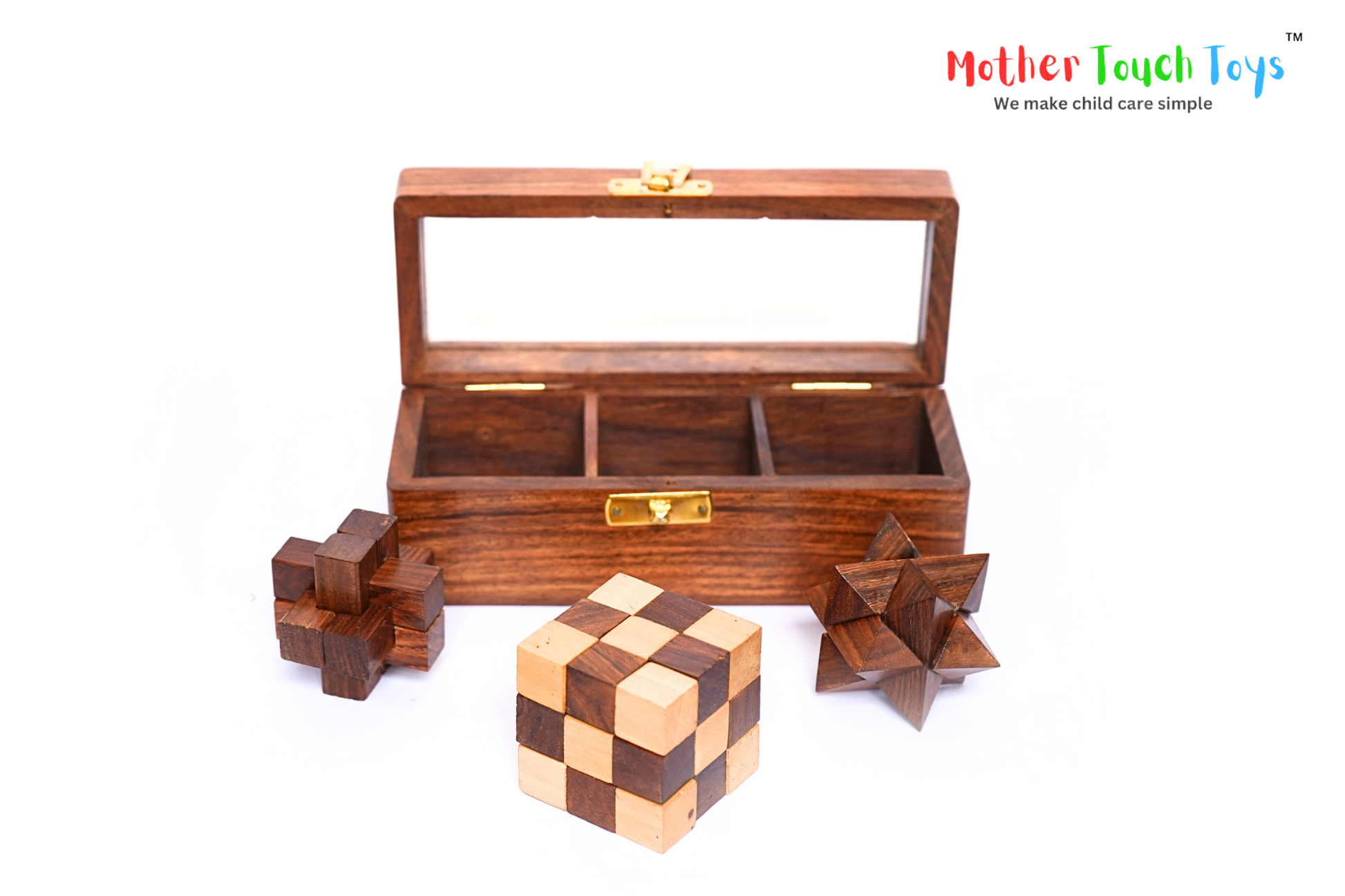 Puzzle Set with threes puzzles having snake cube puzzle, square puzzle and start shaped puzzle
