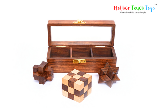 Puzzle Set with threes puzzles having snake cube puzzle, square puzzle and start shaped puzzle