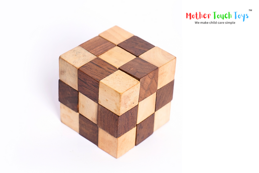 Wooden Snake cube puzzle with two shades of wood colors dark brown and white wood