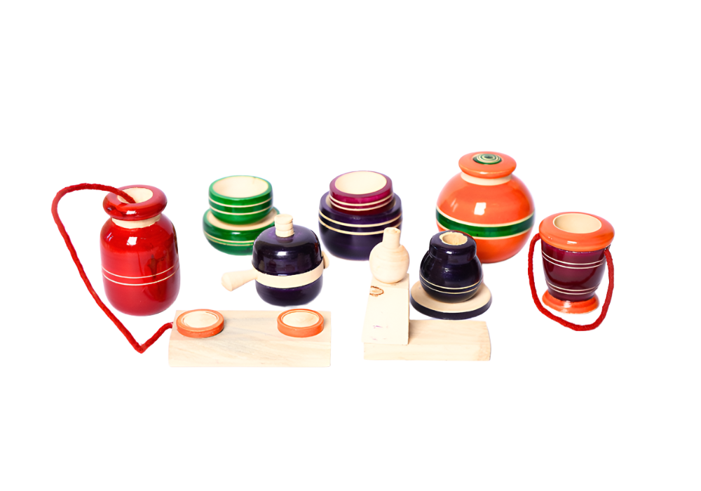 Colorful wooden kitchen playset for pretend play on a white background. This children's toy set includes cabinets, a stove, a sink, pots, pans, and utensils. It  encourages creativity, social interaction, and imaginative play in toddlers and preschoolers. 